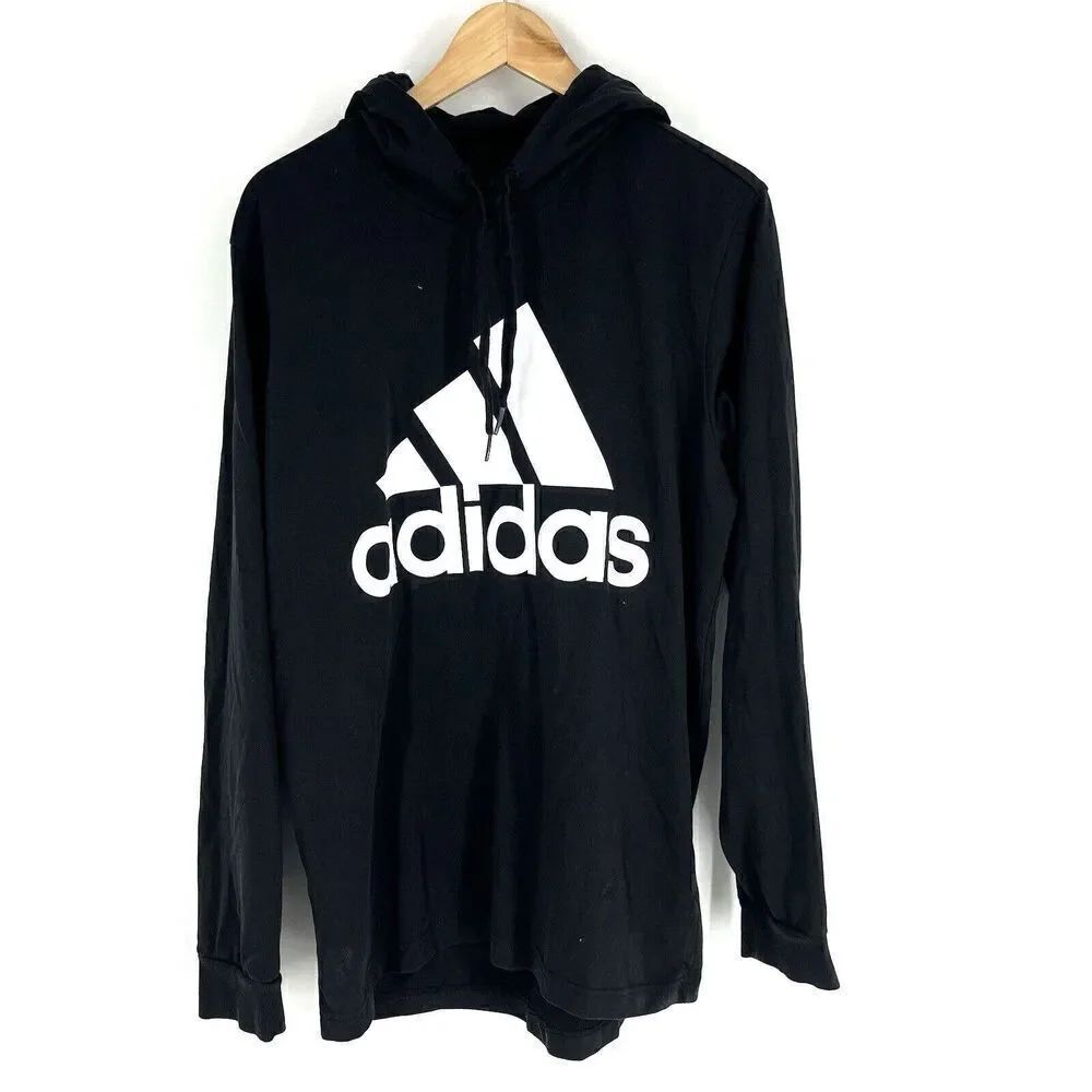 Adidas Hoodie Size Large Mens Black Big Logo Long Sleeve Knit Cotton Pullover